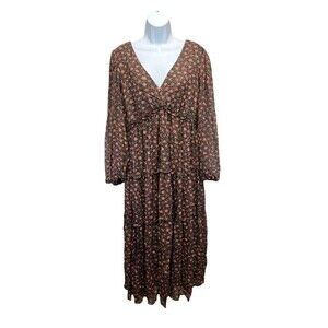 August Sky Midi Dress L Floral Tiered Long Sleeve V Peasant Prairie Cottage Core